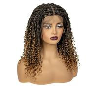 Perruques tressées sans nœuds de 40 cm avec dentelle synthétique bou style bob bohème court for femmes noires(Brown+Honey Blonde)