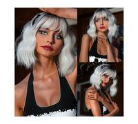 Perruques Usage Quotidien Cosplay, Perruques Bob Courtes ondulées résistantes à la Chaleur pour Femmes, Perruque Synthétique Naturelle Bob Brun Foncé avec Frange pour Filles Perruque Fasting (Couleur