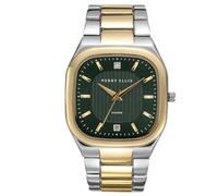 Perry Ellis Montre Homme - Coussin Bicolore Argent Or Cadran Soleil Vert avec Accents Diamants, Index Or Facetté, Bracelet Extensible, Quartz Analogique Accessoire de Mode