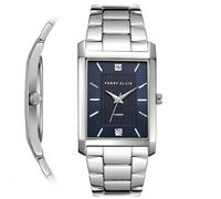 Perry Ellis Montre Homme - Rectangulaire Argenté, Cadran Bleu Foncé Texturé avec Accents de Diamants, Index Facettés Argentés, Bracelet Extensible, Quartz Analogique Accessoire de Mode