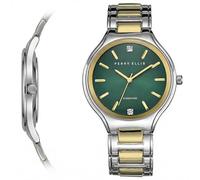 Perry Ellis Montre Homme - Rond Bicolore Argent Or Cadran Soleil Vert Foncé avec Accents Diamants Index Or Facetté Bracelet Extensible Quartz Analogique Accessoire de Mode