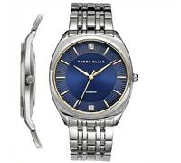 Perry Ellis Montre Homme Slim Diamond - Cadran Bleu Foncé Sunray Bracelet Alliage Argent Résistant à l'Eau Analogique