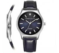 Perry Ellis Montre Homme Slim Diamond - Cadran Bleu Sunray - Bracelet Cuir Argent - Résistant à l'eau Analogique