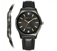 Perry Ellis Montre Homme Slim Diamond - Cadran Noir Sunray - Bracelet Cuir Gunmetal - Résistant à l'eau Analogique