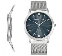 Perry Ellis Montre Homme Slim Diamond - Cadran Rond Bleu Bracelet Maille Alliage Argent Résistant à l'Eau Analogique, Argenté, One Size Fits All