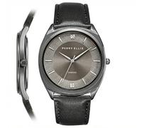 Perry Ellis Montre Homme Slim Diamond - Cadran Rond Gris Soleil Bracelet Cuir Noir Résistant à l'Eau Analogique
