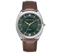Perry Ellis Montre Homme Slim Diamond - Cadran Rond Vert - Bracelet Cuir Marron - Finition Argentée - Étanche Analogique, Argenté, One Size Fits All