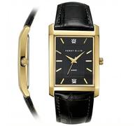 Perry Ellis Montre Homme Ultra Slim - Rectangulaire Doré - Cadran Noir Texturé avec Accents de Diamants - Index Facettés Or - Bracelet Réglable en Cuir Noir - Accessoire de Mode Quartz Analogique
