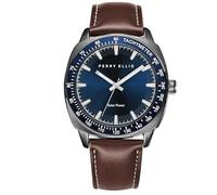 Perry Ellis Montre pour homme à énergie solaire - Montre analogique en cuir végétalien résistante à l'eau 43 mm avec lunette tachymètre en aluminium, choix de cadeau élégant, bordeaux, 43