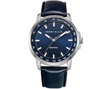 Perry Ellis Montre Solaire pour Homme en Cuir végétalien, étanche, analogique, boîtier de 43 mm, Lunette tachymétrique en Aluminium, Cadeau élégant pour Homme