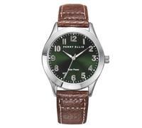 Perry Ellis Solar Montre Homme - Cadran Rond Vert Soleil Bracelet Cuir Marron Résistant à l'eau Analogique