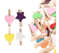 PERSELOSO Lot de 100 Pinces à Linge en Bois Mini Colorées de Cœur et Étoile, Multi-usages pour Cartes et Décoration Murale, pour Loisirs Créatifs et Maison