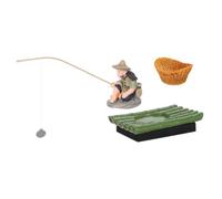 PERSELOSO Statuette Miniature de Pêcheur D'aquarium Flottante, 1 Set Vert | Radeau en Bambou et Mini Canne Inclus, Écume Métal Pvc, Aquarium ou Bonsaï, Bassin Jardin D’eau
