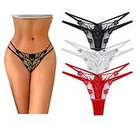 Persepolis Lot de 3/7 strings en maille pour femme Motif floral, noir/rouge/blanc, L