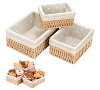 Persiiious Lot de 3 Corbeille à Pain Carrée en Jonc de Mer, 3 Tailles Corbeilles à Pain Décoratives, Panier Tressé avec Doublure en Lin, pour Pain, Pâtisseries et Articles Ménagers