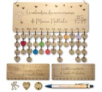 persObjet - Calendrier des anniversaires personnalisé en bois XL (17x44,5cm) - 40 pendentifs inclus (cœurs et ronds) + stylo bambou. Idée de cadeau originale pour noël, anniversaire, famille, amis