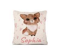Personalisedog Coussin en polaire personnalisé pour bébé avec nom et motif renard et couleur du motif - Cadeau de naissance ou de baptême avec nom pour garçons et filles (renard avec cœurs)