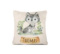 Personalisedog Coussin personnalisé en polaire pour bébé avec nom et motif animal et couleur - Cadeau de naissance ou de baptême avec nom pour garçon et fille (loup)