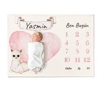 Personalisedog Couverture personnalisée pour bébé Meilenstein avec animal au choix, nom et couleur du motif sur turc, couverture pour bébé, couverture mensuelle, cadeau pour nouveau-né 80 x 110 cm
