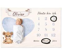 Personalisedog Couverture personnalisée pour bébé Meilenstein avec animal de souhaits, nom et couleur du motif en allemand, couverture pour bébé, couverture mensuelle, cadeau de nouveau-né 80x110cm