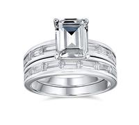 Personalisieren Sie den traditionellen Art-Déco-Moderne-Stil 2-3 CT Rechteck-Baguette-Hochzeitsband AAA CZ Jubiläums- oder Smaragdschliff-Verlobungsring-Set für Frauen, .925 Sterlingsilber, anpassbar