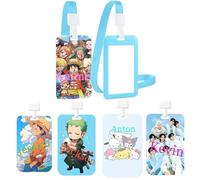 Personalisiert Bleu clair Porte-badge avec lanière cordon amovible, Manga Anime pirate& &kpop Idole&Jul Rappeur Motif, Personnalisable Texte Nummer Name pour d'identité L'école Bureau Carte de Bus