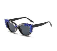 Personality Fashion Cat Eye Colorful Big Diamond Glasses Droplet Shaped Sunglasses Cat Eye Diamond Sun Glasses(Blue Black)