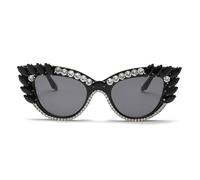 Personality Fashion Cat Eye Colorful Big Diamond Glasses Droplet Shaped Sunglasses Cat Eye Diamond Sun Glasses(Black Black)