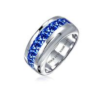 Personalize Unisex Clear Simuléeted Blue Sapphire Channel Set Cubic Zirconia Aaa Cz Princesse Invisible Cut Wedding Band For Men Women .925 Argent Sterling 9Mm Band Ring