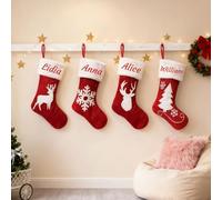 Personalized Christmas Stocking with Embroidered Name, 4 Pièces Custom Red Burlap Stocking Christmas, Classic Red Christmas Stocking, Large Christmas Decor for Family and Friends 18inch/46cm
