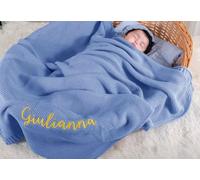 Personalized Chunky Knit Blanket - 40x30inch Hand-Embroidered Soft Newborn Blanket, Custom Name Infant Baby Gifts for Boy Girl (Blue)