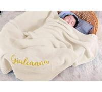 Personalized Chunky Knit Blanket - 40x30inch Hand-Embroidered Soft Newborn Blanket, Custom Name Infant Baby Gifts for Boy Girl (Blue) (White)