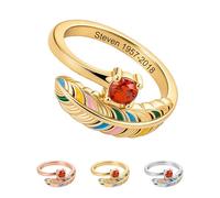 Personalized Feather Birthstone Memorial Ring, Custom Name Date Memory Rings, Sympathy Rings for Husband, Memory Jewelry, Valentine’s Day Birthday Gifts for Loss of Loved One (Gold)