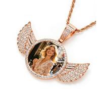 Personalized Memorial Necklace with Picture, Custom Circle Chain Angel Wings, Customized Photo Necklaces for Men Women Family Memory Necklaces Anniversary Memorial Gifts for Boyfriend (Rose Gold)
