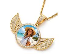 Personalized Memorial Necklace with Picture, Custom Circle Chain Angel Wings, Customized Photo Necklaces for Men Women Family Memory Necklaces Anniversary Memorial Gifts for Boyfriend (Gold)