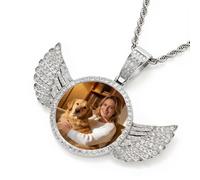 Personalized Memorial Necklace with Picture, Custom Circle Chain Angel Wings, Customized Photo Necklaces for Men Women Family Memory Necklaces Anniversary Memorial Gifts for Boyfriend (Silver)