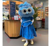 Personnage De Costume De Mascotte Redbrokoly Blue Fish And Chips Habillé D'une Jupe Trapèze Et De Lunettes De Lecture Multicolore