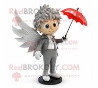 Personnage De Costume De Mascotte Redbrokoly Cupidon Gris Habillé Avec Un Imperméable Et Des Épingles À Cravate Multicolore