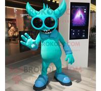 Personnage De Costume De Mascotte Redbrokoly Cyan Demon Habillé D'une Barboteuse Et De Lunettes De Soleil Multicolore