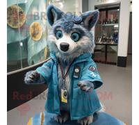 Personnage De Costume De Mascotte Redbrokoly Cyan Dingo Habillé D'un Manteau Et De Porte-Clés Multicolore
