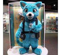 Personnage De Costume De Mascotte Redbrokoly Cyan Dingo Habillé D'un Manteau Et De Porte-Clés Multicolore