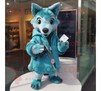 Personnage De Costume De Mascotte Redbrokoly Cyan Dingo Habillé D'un Manteau Et De Porte-Clés Multicolore