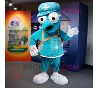 Personnage De Costume De Mascotte Redbrokoly Cyan Guinness Habillé D'un Short Cargo Et De Clips D'écharpe Multicolore