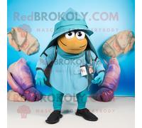 Personnage De Costume De Mascotte Redbrokoly Cyan Hermit Crab Habillé D'un Gilet Et De Chapeaux Multicolore
