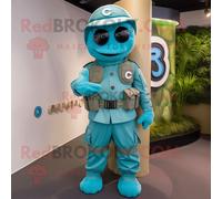 Personnage De Costume De Mascotte Redbrokoly Cyan Para Commando Habillé D'un Pantalon Chino Et D'anneaux Multicolore