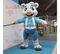 Personnage De Costume De Mascotte Redbrokoly Cyan Tightrope Walker Habillé Avec Une Chemise De Rugby Et Des Ceintures Multicolore