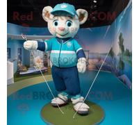 Personnage De Costume De Mascotte Redbrokoly Cyan Tightrope Walker Habillé Avec Une Chemise De Rugby Et Des Ceintures Multicolore