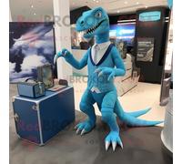 Personnage De Costume De Mascotte Redbrokoly Cyan Velociraptor Habillé D'une Mini Robe Et De Porte-Documents Multicolore