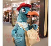 Personnage De Costume De Mascotte Redbrokoly Cyan Woodpecker Habillé Avec Un T-Shirt Henley Et Des Sacs Fourre-Tout Multicolore
