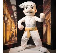 Personnage De Costume De Mascotte Redbrokoly D'acrobate Blanc Habillé D'un Chino Et De Bandeaux Multicolore